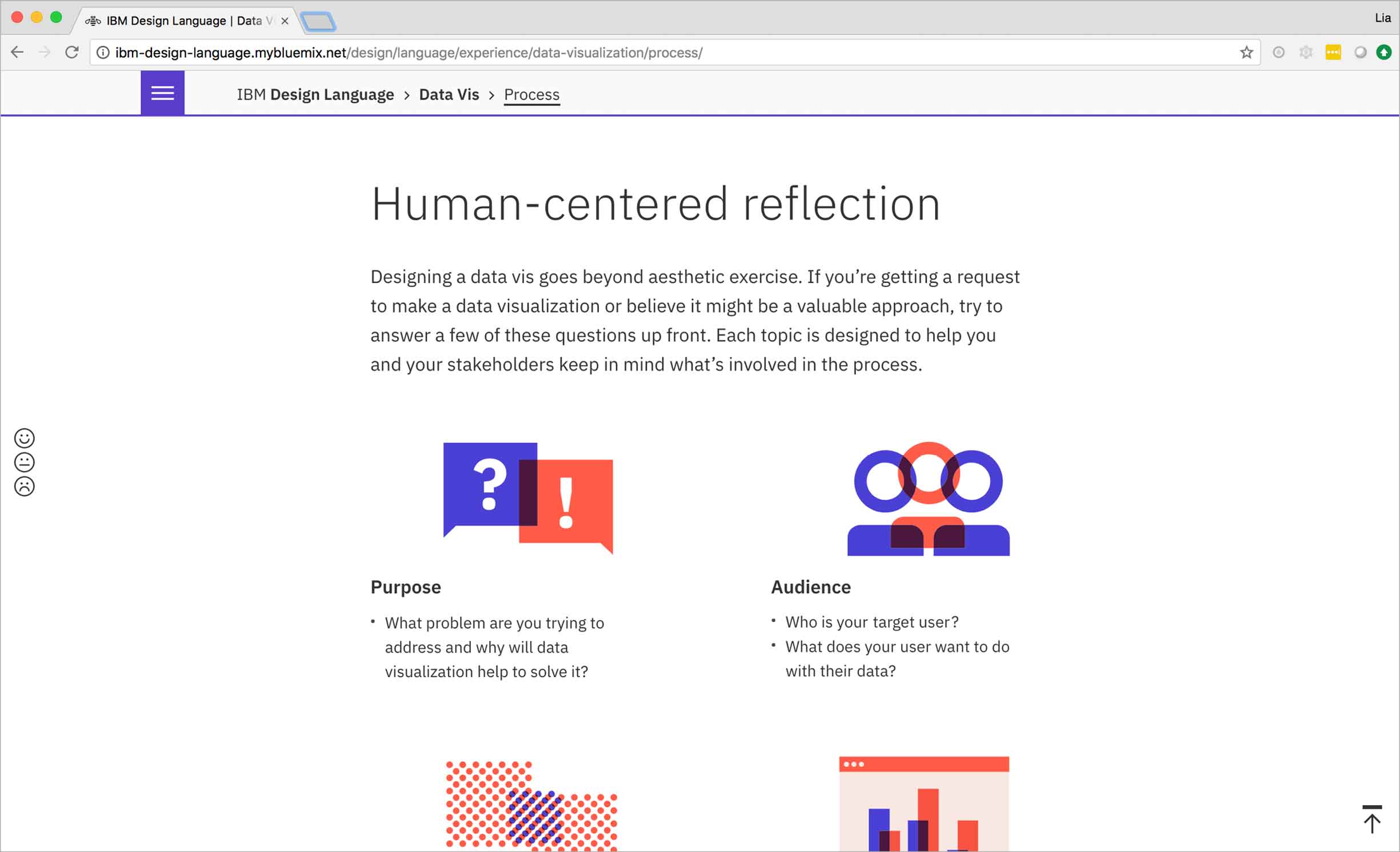 The principles section of the IBM Data Vis Design Language focuses on human-centered reflection.