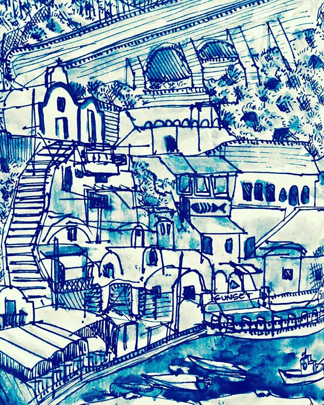 A blue and white ink drawing of a tiny town on the island of Santorini, Greece.