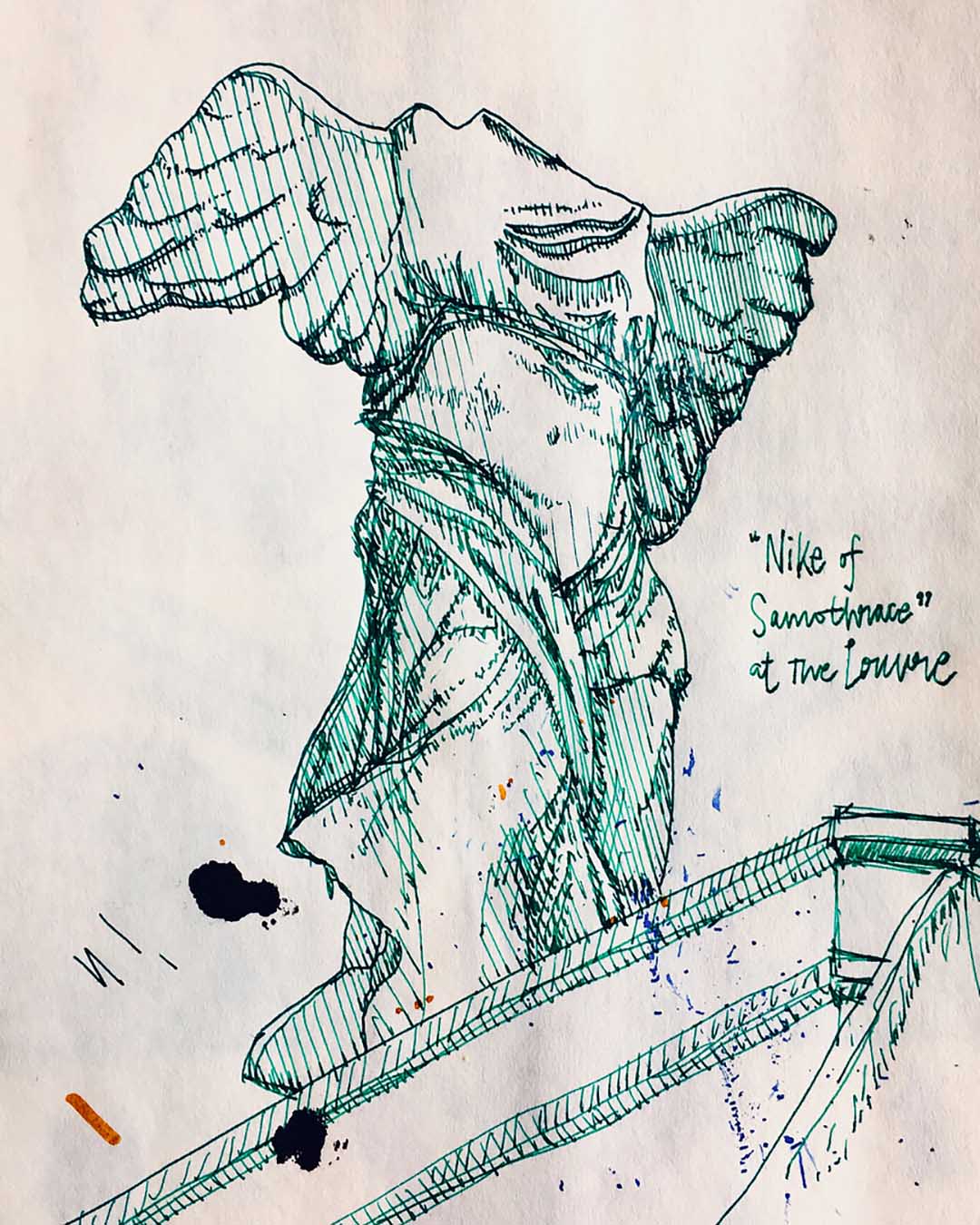 A green-ink sketch of the headless sculpture Nike of Samothrace at the Louvre