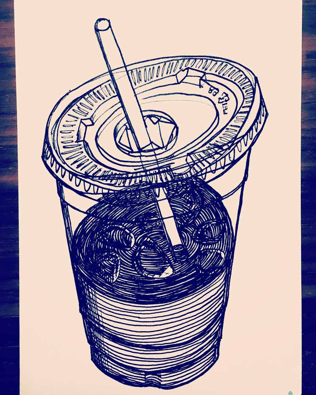 A line-based drawing of an iced coffee, half-finished, in a plastic cup with a warped lid.