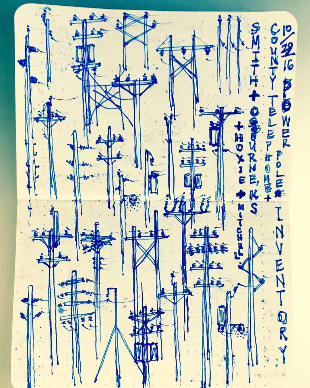 Dozens of distinctly engineered telephone and power poles, as documented in ink in my notebook.