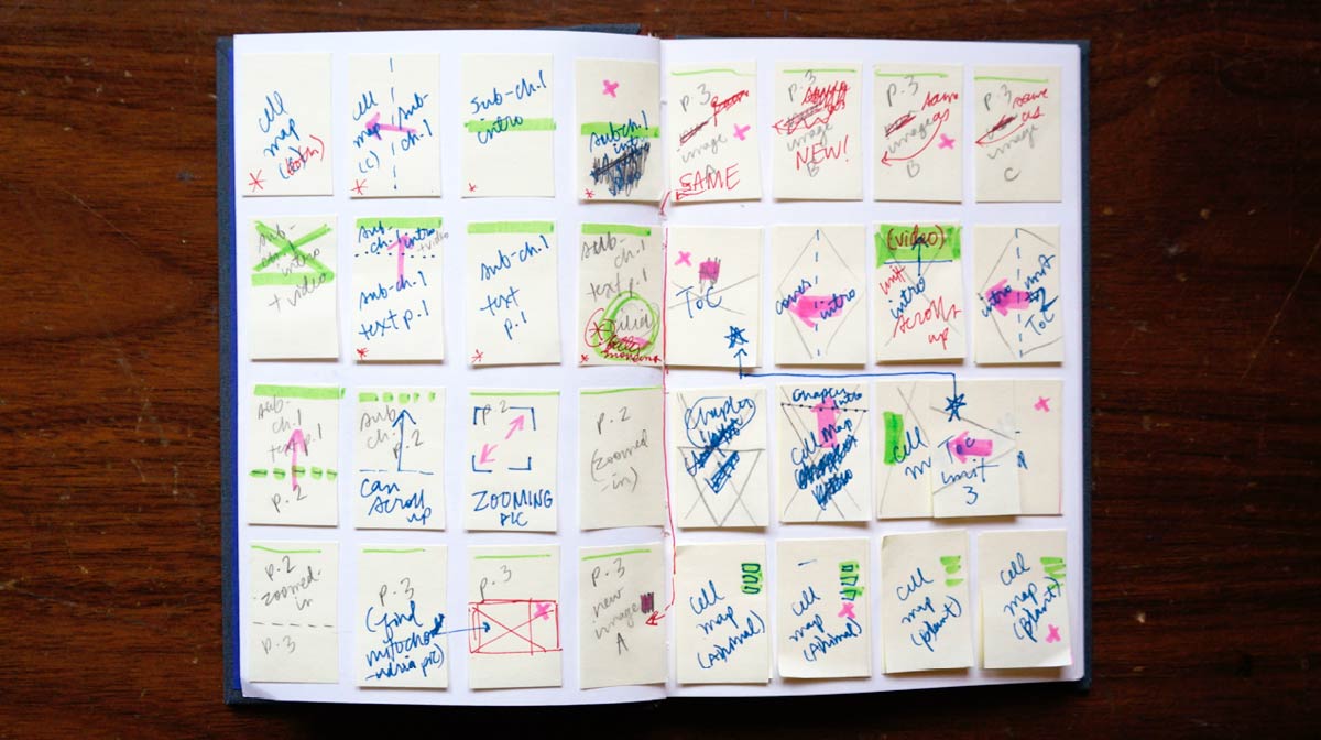 My notebook spread, covered with 32 tiny sticky notes in a careful grid. Each has notes and highlighted color-coding.