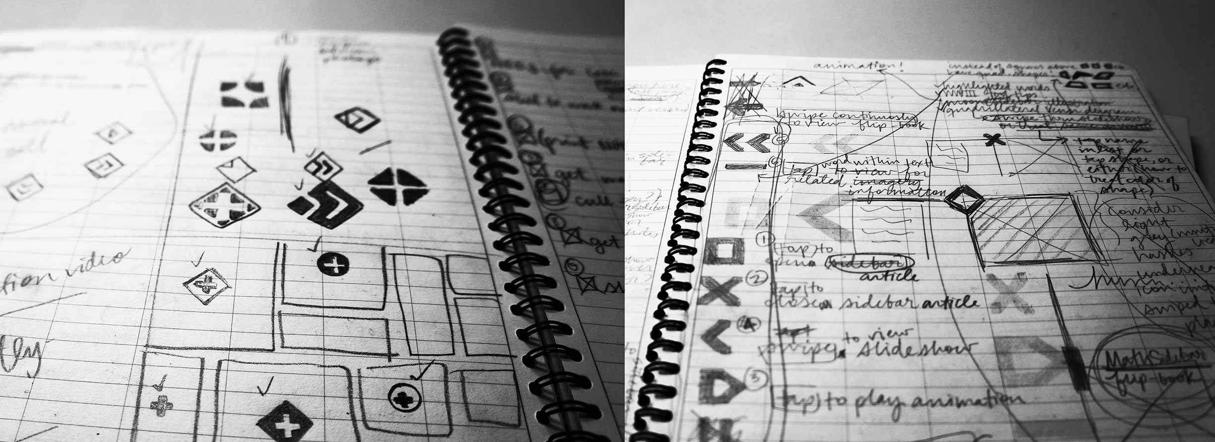 A notebook spread features sketches exploring gesture icon concepts.