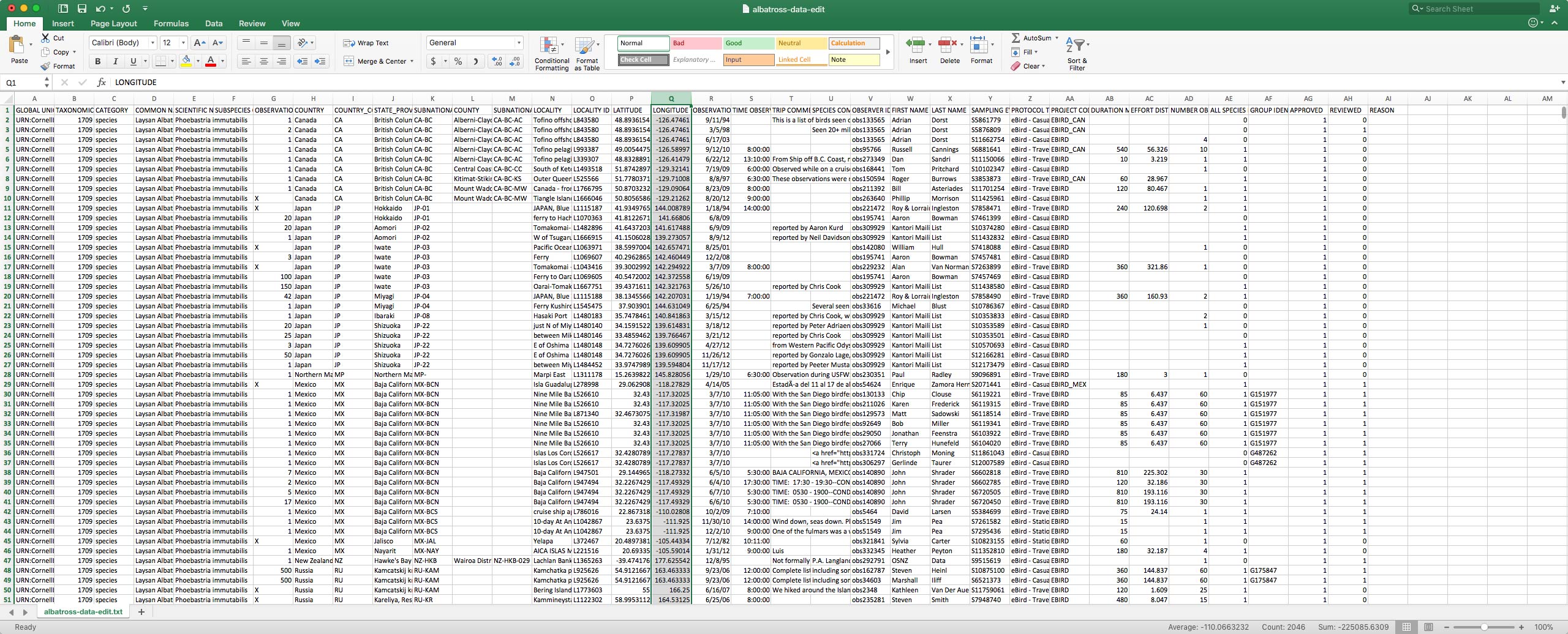 An expansive spreadsheet showing albatross data organized by dozens of columns containing various metadata.