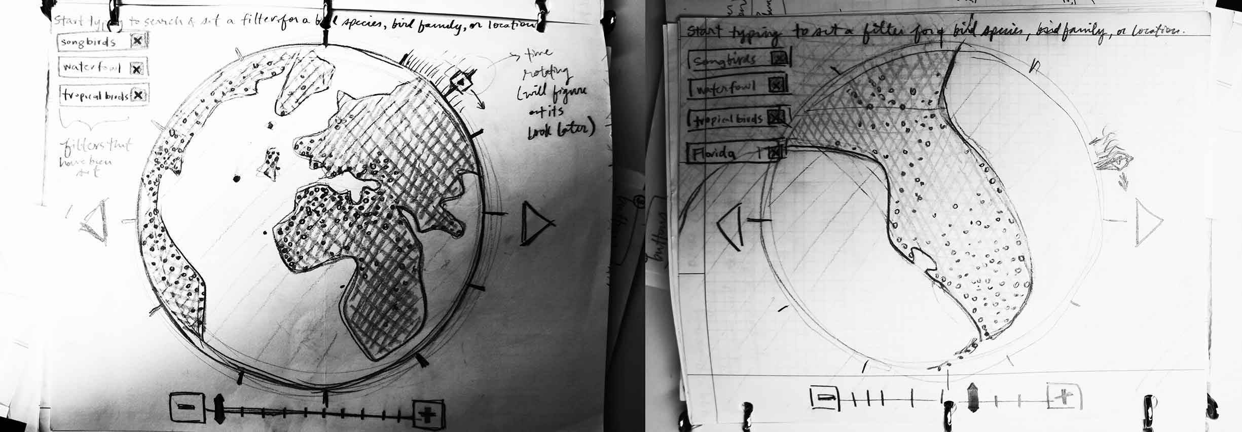 Two side-by-side sketches with notes, both showing a large circle in the center. In the first, the circle frames a globe, in the second it frames the Florida peninsula.